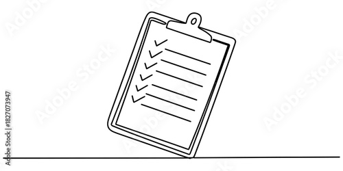 One continuous line drawing of a clipboard with a checklist, symbolizing task completion, project management, and successful achievement. Vector, illustration