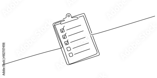 One continuous line art drawing of a clipboard with a checklist illustrating completed and pending tasks, symbolizing planning, organization, and agreement concepts. Vector, illustration