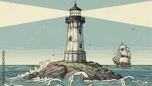 Illustration of a lighthouse on a rocky island with a ship sailing in the distance at sea coast line