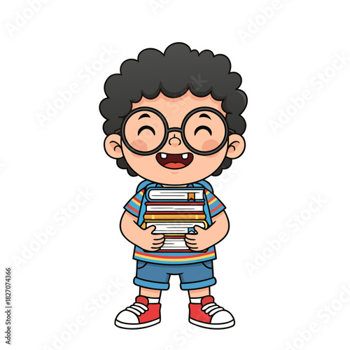 Cheerful cartoon boy with curly dark hair wearing glasses and a blue shirt holding a stack of colorful books on a white background