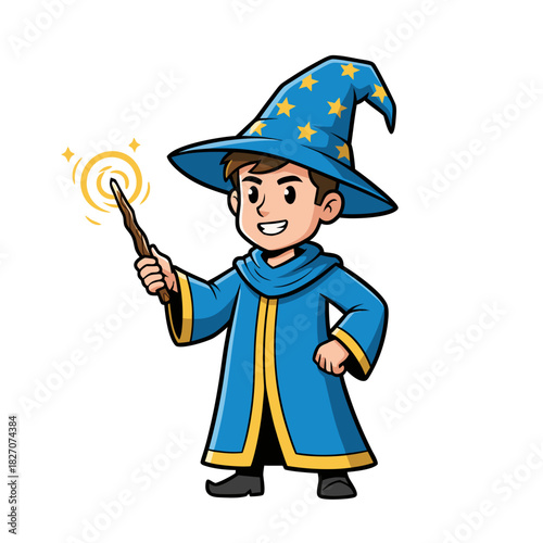 Cheerful Young Boy Dressed As A Wizard Wearing A Blue Robe And Hat With Yellow Stars Holding A Magic Wand Casting A Spell With Yellow Sparkles Isolated On Black Background