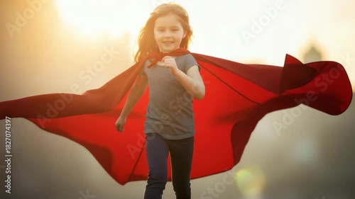 Sequence of a happy caucasian girl running in a red superhero cape at golden hour. Child playing hero represents childhood dreams, imagination, power, and future leadership