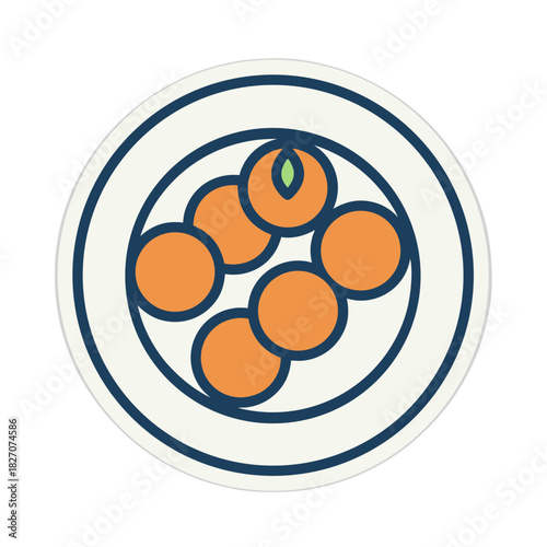 A Dark Plate Displays Six Golden Brown Round Fried Snacks Arranged Around a Single Smooth White Snack Centered on a White Round Dish with Blue Rim and Blue Lines