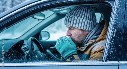 Man sitting in car during winter, warming hands with breath visible, surrounded by snow-covered landscape, conveying cold weather challenges