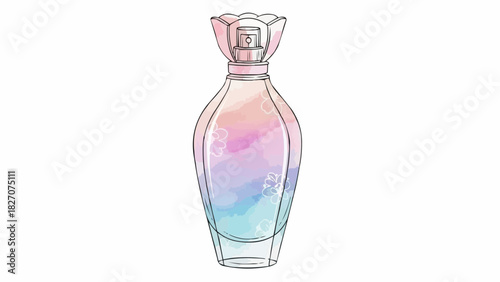 Illustration of a perfume bottle with a floral cap and pastel colored liquid inside the bottle design