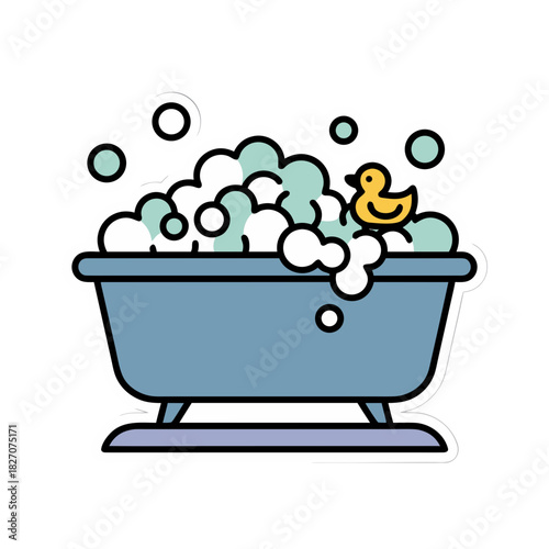 Blue bathtub filled with white and green bubbles and a yellow rubber ducky on a transparent background with a white border sticker effect