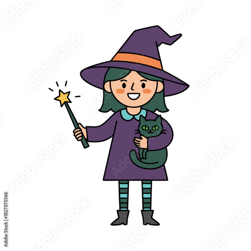 Cartoon Witch Girl With Green Hair Purple Hat Holding Magical Book And Sparkles Wand With Black Cat On Her Arm And Striped Socks In Flat Style