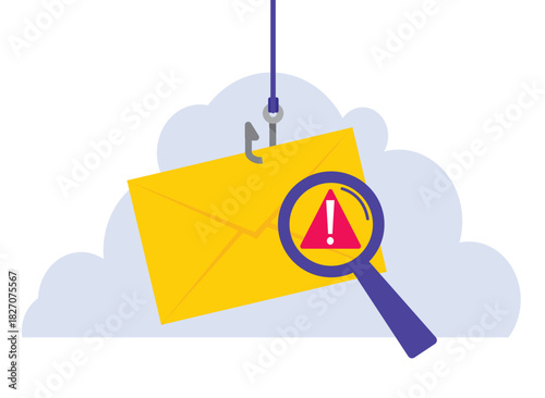 Data phishing, hacking online scam concept. Fishing by email, envelope and fishing hook. Vector illustration