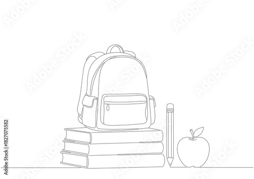 Continuous single line drawing of drawing of Books and school bags school supplies concept