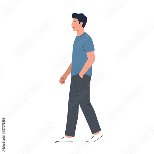Casual Man Strolling Right Holding Phone In Flat Design Minimalist Style With Solid Black Background