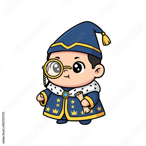 Charming Cartoon Wizard Child with Monocle and Scroll in Royal Blue Robe Featuring Gold Stars and Crown Accents
