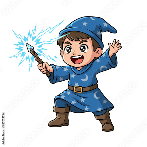Charming young boy dressed as a wizard holding a glowing magical staff casting a spell with blue lightning on a black background a cute and happy character