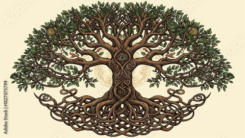 Detailed illustration of a tree of life with interwoven branches, roots, and a central eye motif