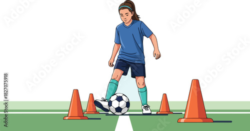 A young female soccer player dribbles a soccer ball around orange training cones on a green field.