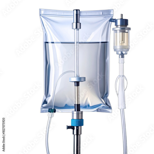 Close-up rendering of a medical intravenous fluid bag and drip set against a black background.