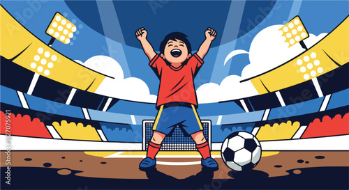 Cheerful cartoon soccer player celebrates victory with arms raised high on the stadium field.