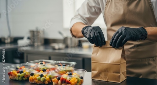 Person in gloves prepares food orders. Chef wraps take-out paper bags. Restaurant staff prepares meal delivery. Lots of take away orders visible. Small business concept. Healthy food takeaway. Focus