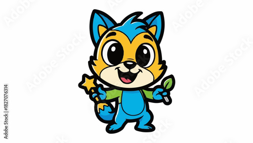 Cartoon fox character with blue and orange fur holding a star and a leaf on a white background