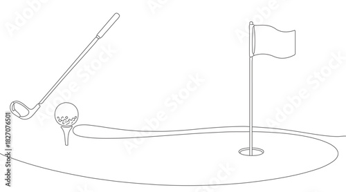 golf sport activity ball hole flag green field one line art design