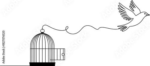 Continuous line drawing of a bird escaping an open cage, symbolizing freedom, new beginnings, release, hope, and breaking free from confinement Vector, illustration