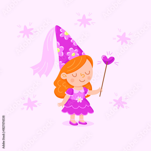 Cute little princess in a pink dress, a tall pointed hat with flowers, and heart-shaped magic wand in hand. Vector cartoon illustration for children’s books, greeting cards, stickers, nursery prints