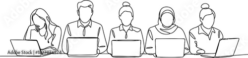 Continuous line drawing of diverse business team working on laptops, showcasing collaboration, digital communication, and productivity Vector, illustration