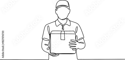 Continuous line drawing of a delivery man courier holding a cardboard package box, representing fast shipping and express service. isolated artwork. Vector, illustration