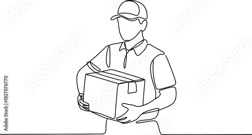 Single continuous line drawing of a courier in uniform and cap, holding a cardboard package, depicting fast delivery and logistics Vector, illustration