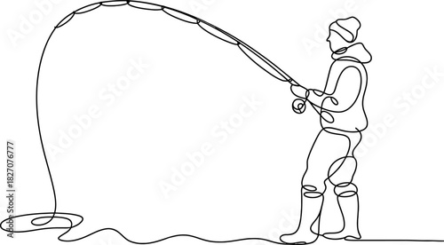Continuous line drawing of a person fishing with a rod and reel, illustrating outdoor recreation and hobby sport activity Vector, illustration