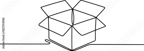Continuous line drawing of an open cardboard box, ideal for delivery, e-commerce, packaging, unboxing, new product concepts. art. Vector, illustration