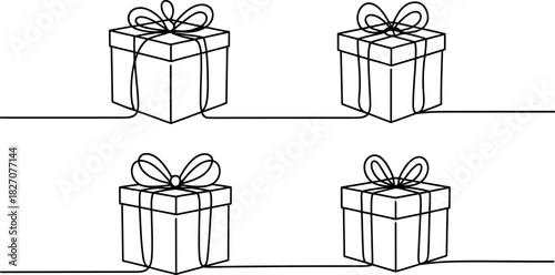 One line drawing of four wrapped present boxes with elegant bows, symbolizing celebration, gifting, and festive occasions with minimalist art. Vector, illustration