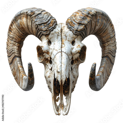 Detailed frontal view of a weathered bighorn sheep skull with large, curved horns against a black background.