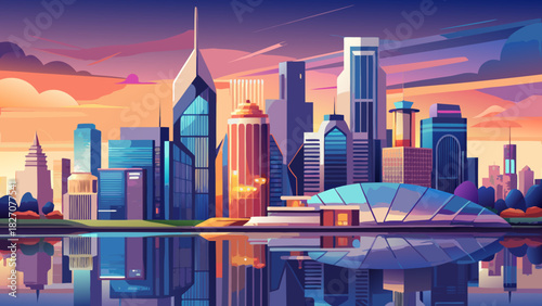 Very beautiful panoramic urban skyline featuring a harmonious blend of modern architecture, calm waterfront reflections, and a colorful sunset sky creating a serene East Coast atmosphere with soft art