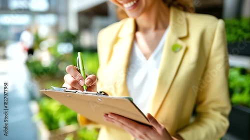 ESG audit scene Asian female auditor checking supplier checklist, carbon credit control, eco go-green documents on clipboard, with copy space
