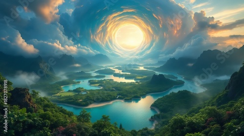 A breathtaking vista unfolds, revealing a lush landscape of verdant islands nestled amidst a tranquil expanse of turquoise waters