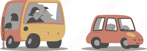 Cartoon illustration of a yellow van and a red car each with a driver simple vector design for childrens books and educational materials