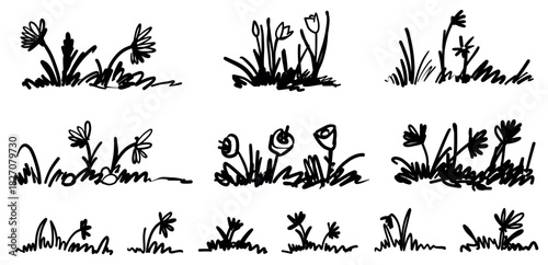 Hand-drawn grass doodles and field sketches create charming cartoon landscapes. Vector outlines perfect for garden illustrations, meadow scenes, and nature-themed designs.
