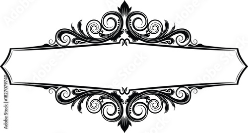 Black antique decorative label frame vector with symmetrical elegant scrollwork and flourish details, perfect for vintage logos, luxury product packaging, and certificate headings.