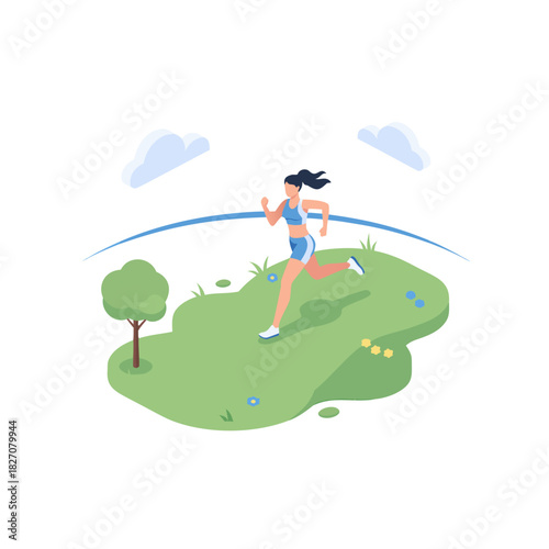 Athletic Woman Jogging Outdoors on a Lush Green Trail Wearing Blue Sportswear and Earbuds Surrounded by Trees and Clouds Under a Bright Sky