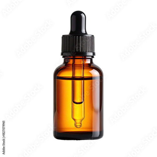 A striking close-up photograph of an amber glass dropper bottle filled with golden liquid against a deep black background.
