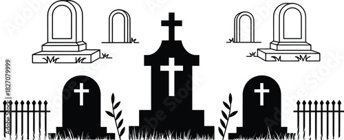 Collection of gravestone vector illustrations simple black and white cemetery elements isolated on a white background