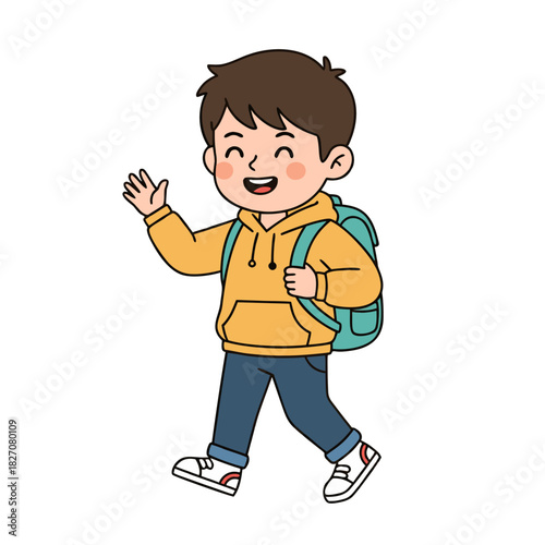 A Cheerful Cartoon Boy With Brown Hair Wearing A Yellow Hoodie And Blue Jeans Waving While Carrying A Teal Backpack On A Transparent Background