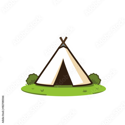 A simple illustration of a white teepee tent set up on green grass with two small green bushes on either side, evoking a sense of outdoor adventure and camping in a minimalist, cartoonish style.