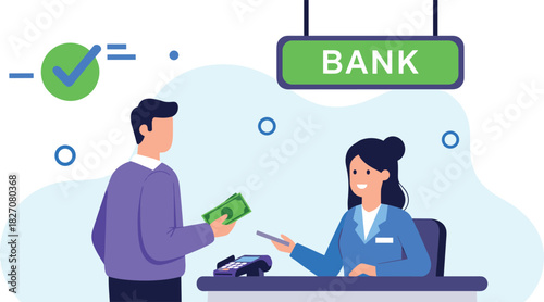 Bank transaction, cash payment, financial service, customer interaction, teller desk, money exchange, banking approval, flat vector illustration