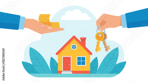 Real estate purchase: money for keys, home property transaction.