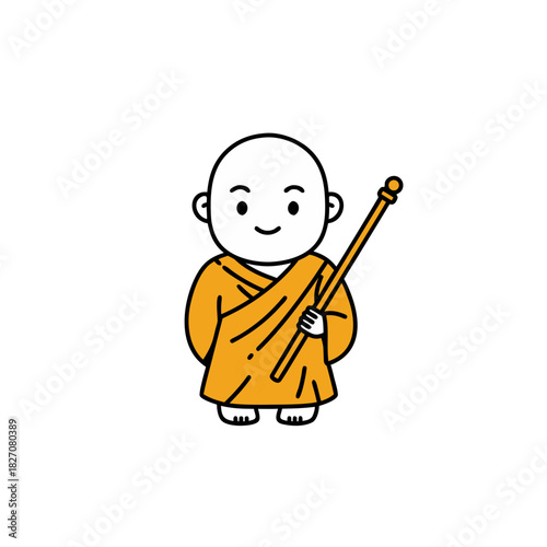 A Smiling Bald Child Monk in Orange Robes Holding a Golden Staff on a Black Background A Cute Simple Vector Illustration