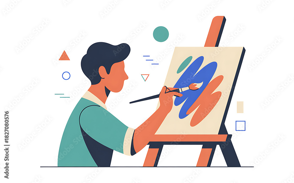 Fototapeta premium Man Painting Abstract Art on Easel Illustration image