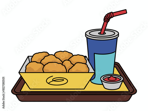 Fast food meal with crispy chicken nuggets, drink and ketchup