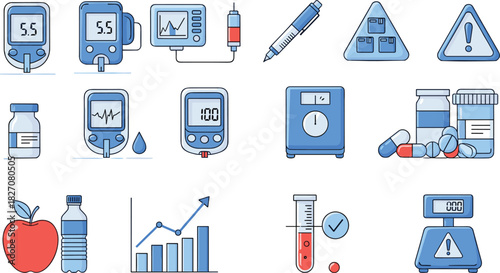 Diabetes care icons, glucose meter, insulin syringe, health monitoring, blood test, nutrition tracker, medical alert, flat vector illustration