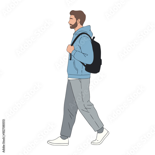 A Stylized Vector Of A Young Man Walking Briskly Holding A Coffee Cup Dressed In Urban Fashion With A Backpack And Sneakers On A Black Background